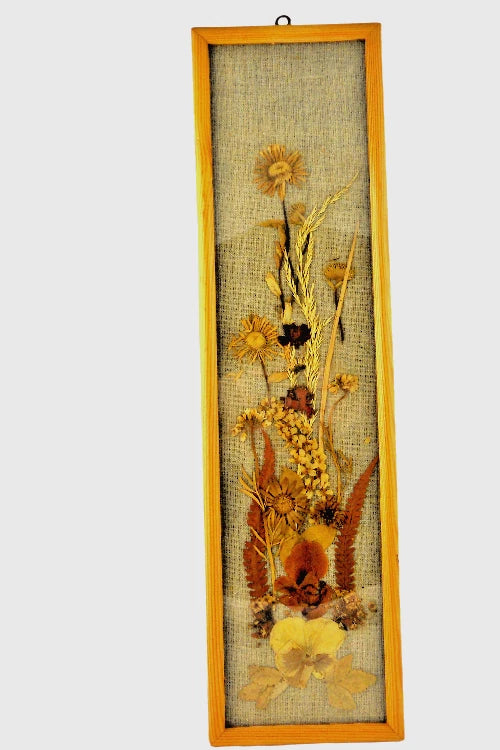 Framed botanical wall art with pressed yellow and orange dried flowers in linen backing