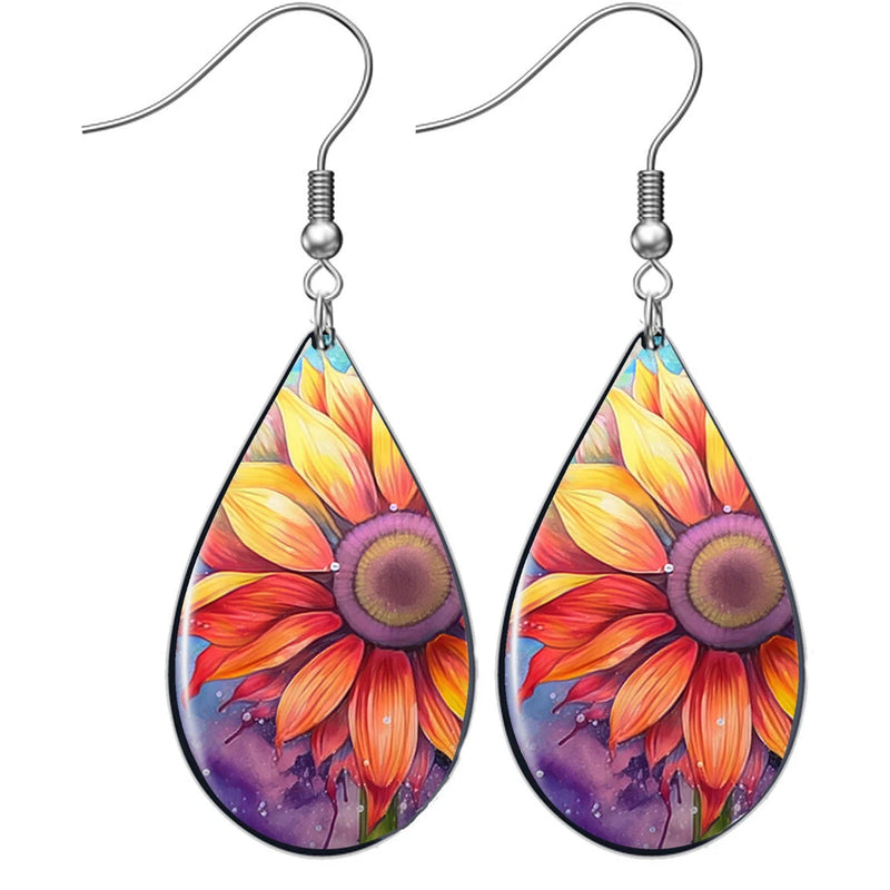 Teardrop dangle sunflower watercolor earrings with silver hooks, pair