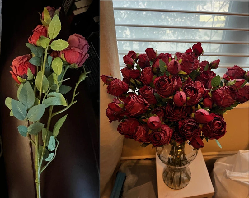 Burgundy dried rose stems with green leaves in a vase, multiple heads