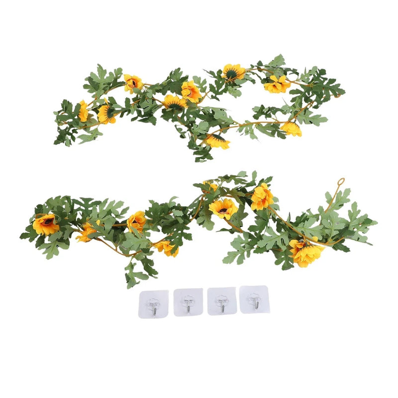Artificial sunflower vine garland with yellow flowers and green leaves, 2 strands
