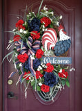 Patriotic Door Wreath Rooster Flower Door Decor USA Memorial Day Fourth of July Hydrangea