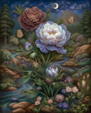 Japanese Peony Flowers Mountain Stream Moon Japanese Art Print - 786723599 Peony