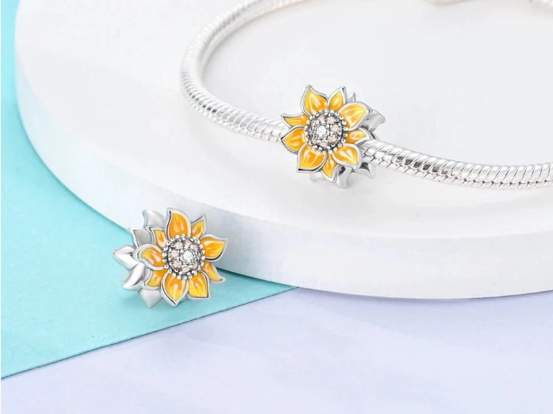 NEW Genuine 925 Sterling Silver SUNFLOWER European Slide Charm Bracelet Necklace Sunflower