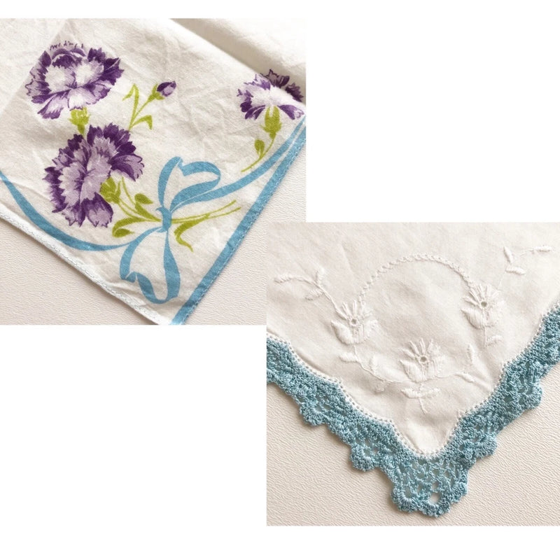 Embroidered handkerchief with purple flowers, blue bow, and blue crochet edging