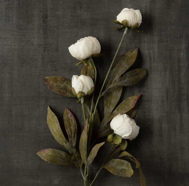 Cream peony artificial flower stems with buds and green leaves