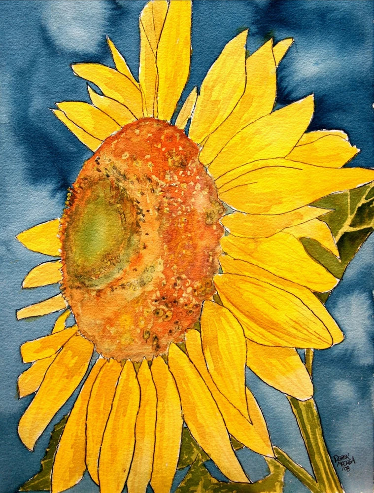 Watercolor sunflower art print with bright yellow petals and orange seed head