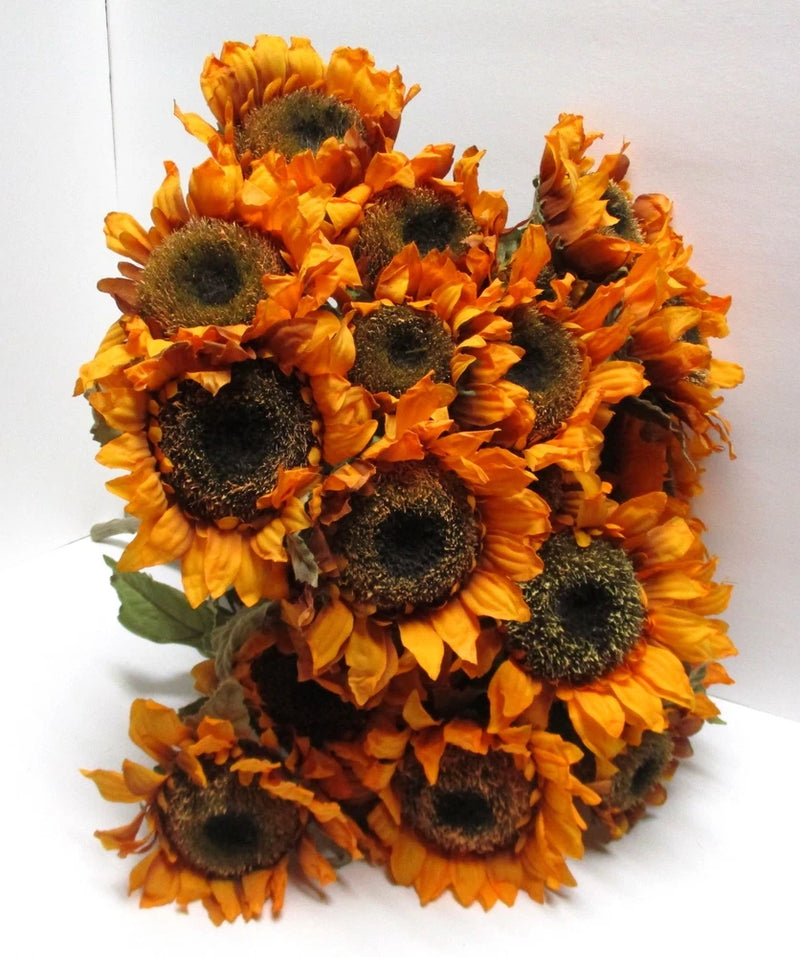 Silk sunflower stems bouquet with orange petals and dark textured centers