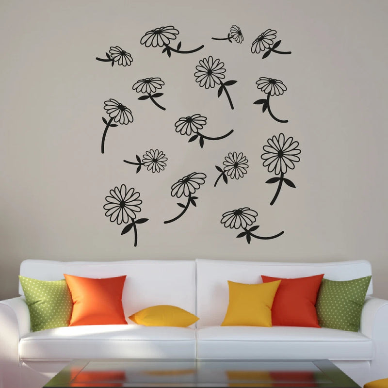 Sunflower wall decal set, black line flower stickers for living room wall decor