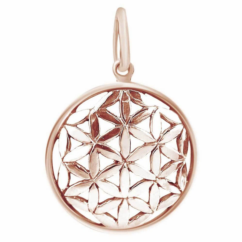 Rose gold plated lily Flower of Life round pendant with top loop, intricate filigree