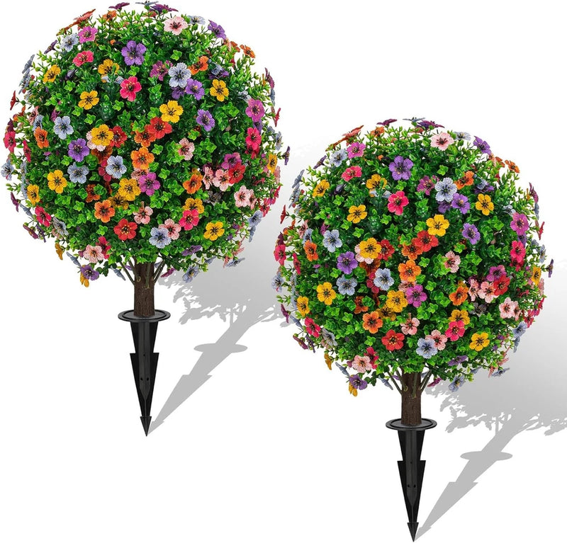 Set of two artificial topiary ball trees with green foliage and colorful flowers