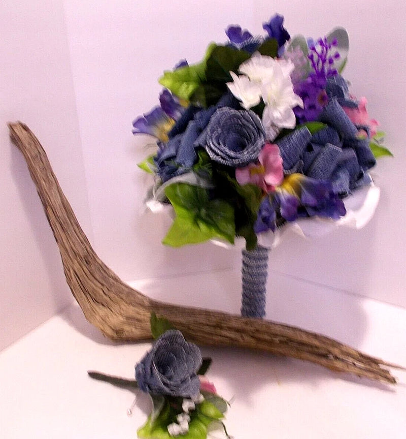 Bridal Bouquet Denim Roses w Spring Flowers & Denim Rose Corsage Country Wedding Bouquet