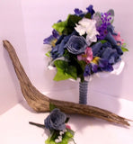 Bridal Bouquet Denim Roses w Spring Flowers & Denim Rose Corsage Country Wedding Bouquet