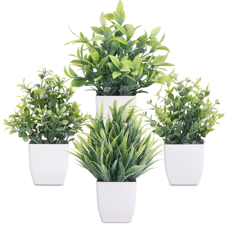 4 Pack Artificial Fake Plants Greenery Potted Plants for Desk Bathroom Office Green Plant