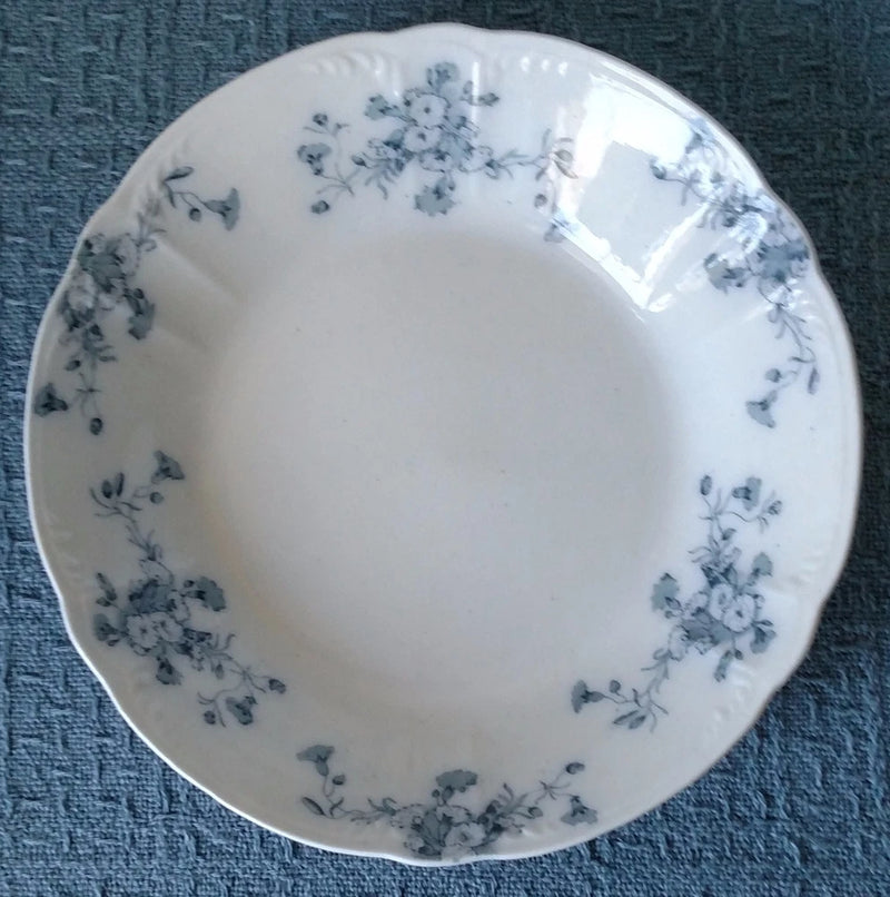 Vintage coupe soup bowl, white with blue floral border around the rim