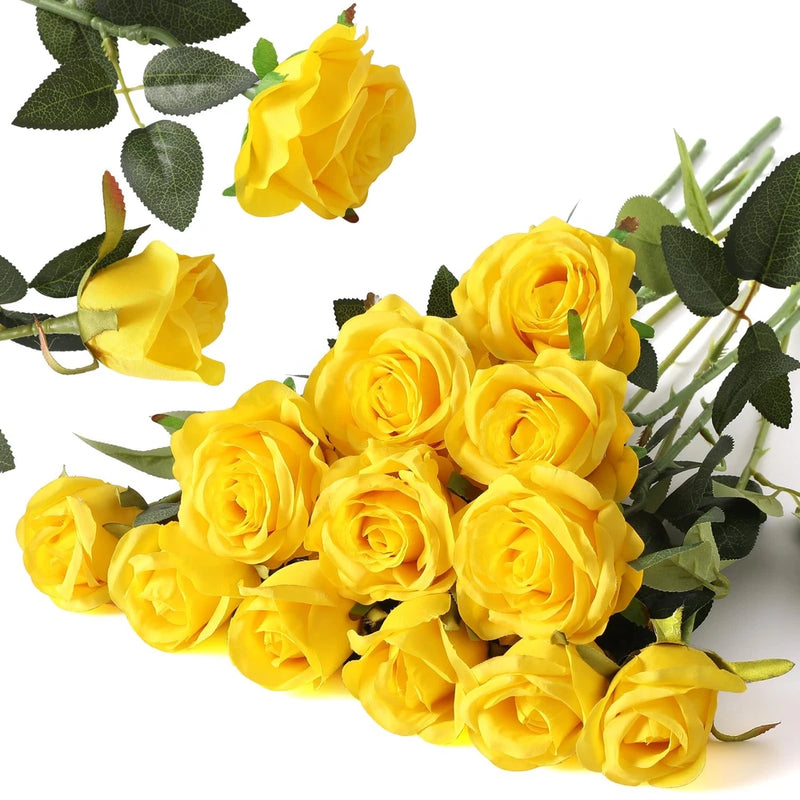 Artificial silk rose bouquet with yellow long stems and green leaves
