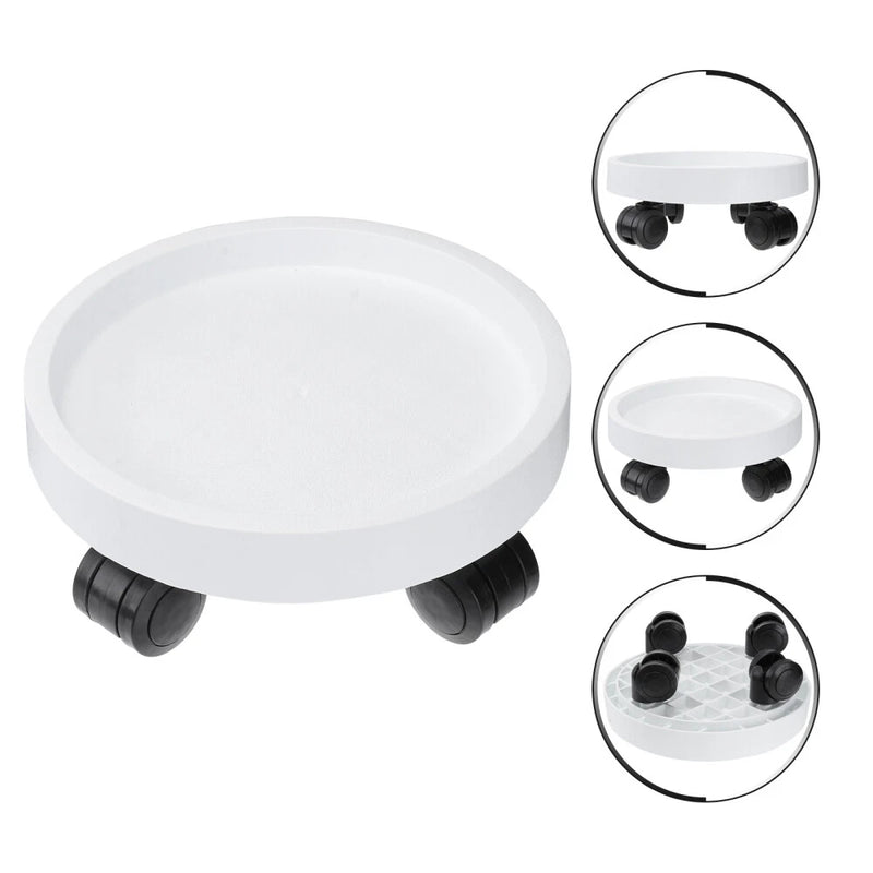 Round white resin plant pot tray with four caster wheels for easy moving