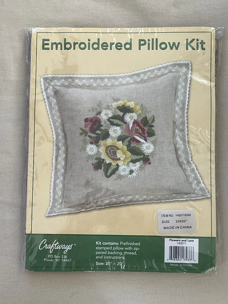 Embroidered pillow kit with sunflower floral design and lace-trim square cover, 20x20