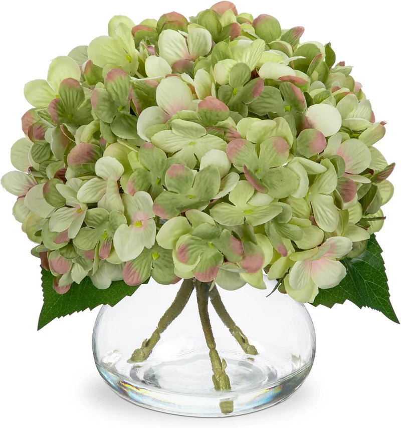 Hydrangea Artificial Flowers with Glass Vase Dark Green Silk Faux Flowers Arrang Hydrangea