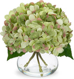 Hydrangea Artificial Flowers with Glass Vase Dark Green Silk Faux Flowers Arrang Hydrangea