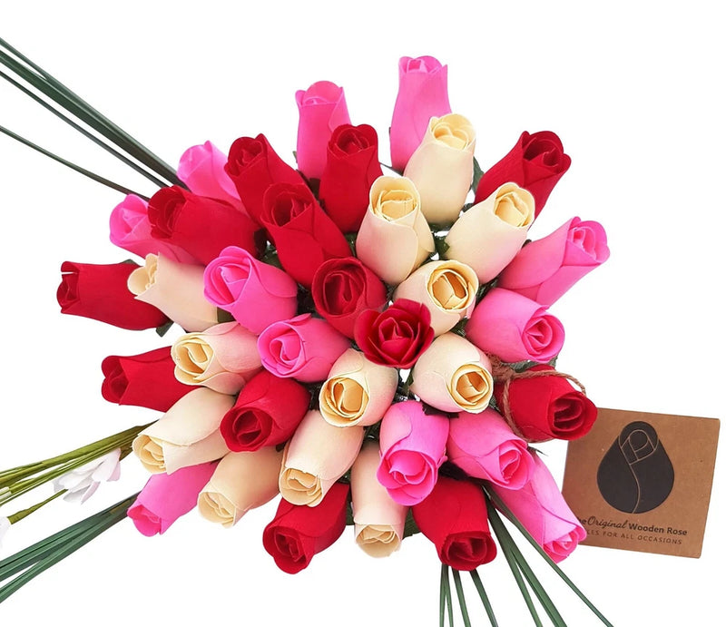 Valentines Day Red Pink White Flower Bouquet The Original Wooden Rose 1,2,3 Doz Green Plant