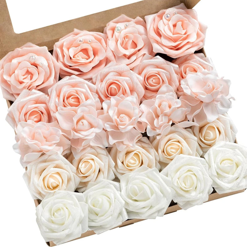 Ling's Moment Artificial Flowers Blush & White Roses & Gardenia Combo DIY 24 pcs Bouquet
