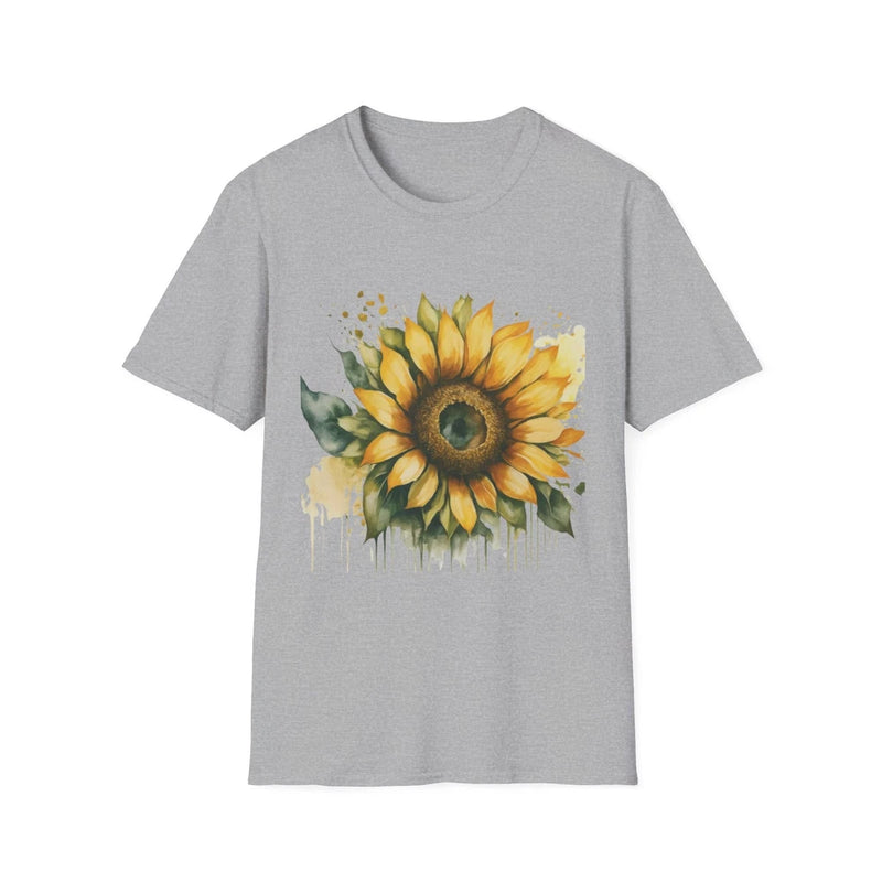 Gray unisex T-shirt with large front sunflower watercolor graphic