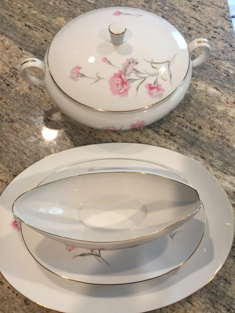 Porcelain serving dish set with pink carnation floral and gold trim, lidded bowl and plates