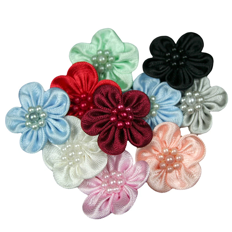 Hand-sewn satin flower with pearl and bead accents, multicolor round petals