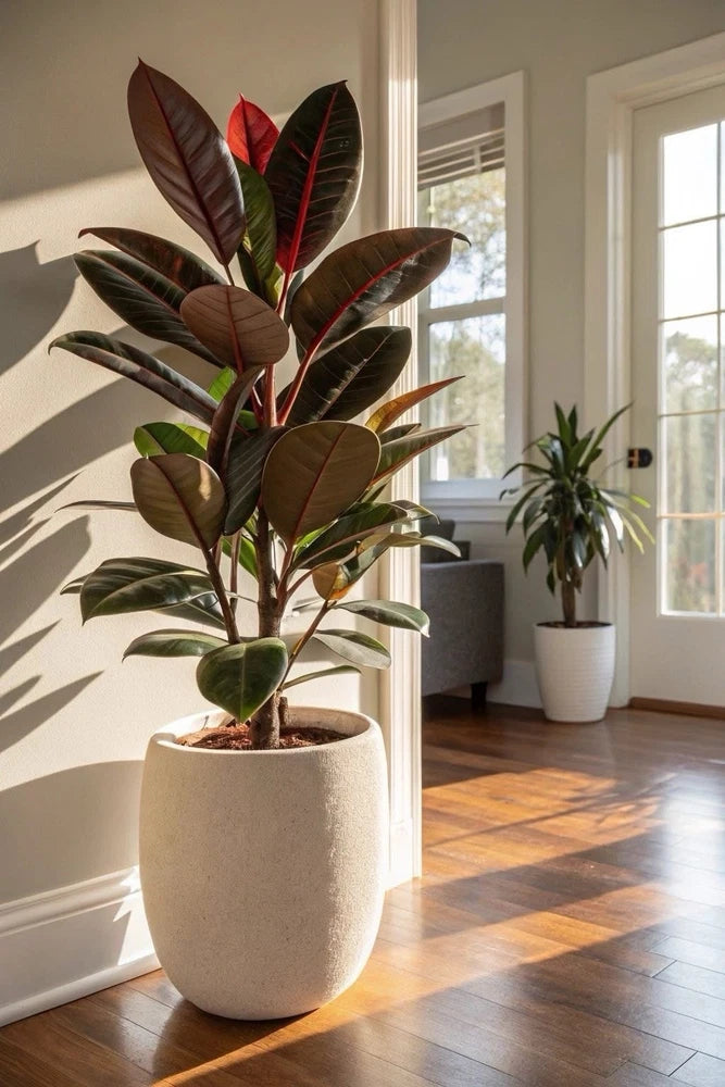 Tall potted burgundy rubber tree with broad glossy leaves in a light ceramic pot