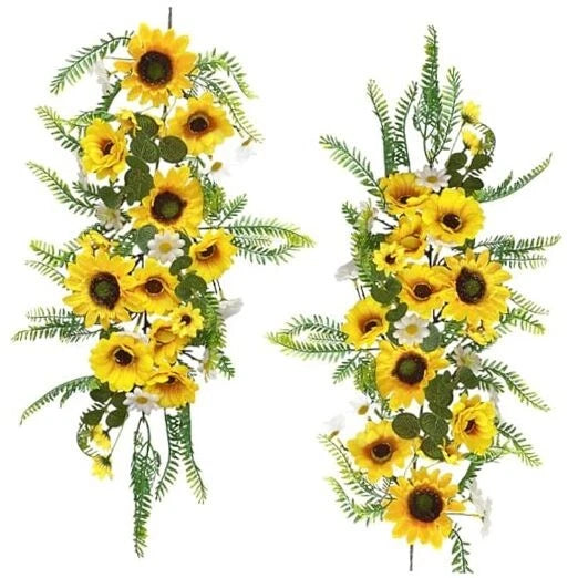 Artificial sunflower garland with yellow blooms and green leaves on vines, 2-piece set