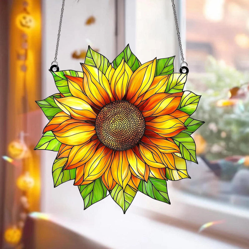 Sunflower acrylic suncatcher window hanging floral decor with a bright yellow-orange flower center