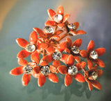 VINTAGE ENAMEL on Metal Orange  HYDRANGEA DAISY FLOWER BOUQUET CLUSTER BROOCH Daisies