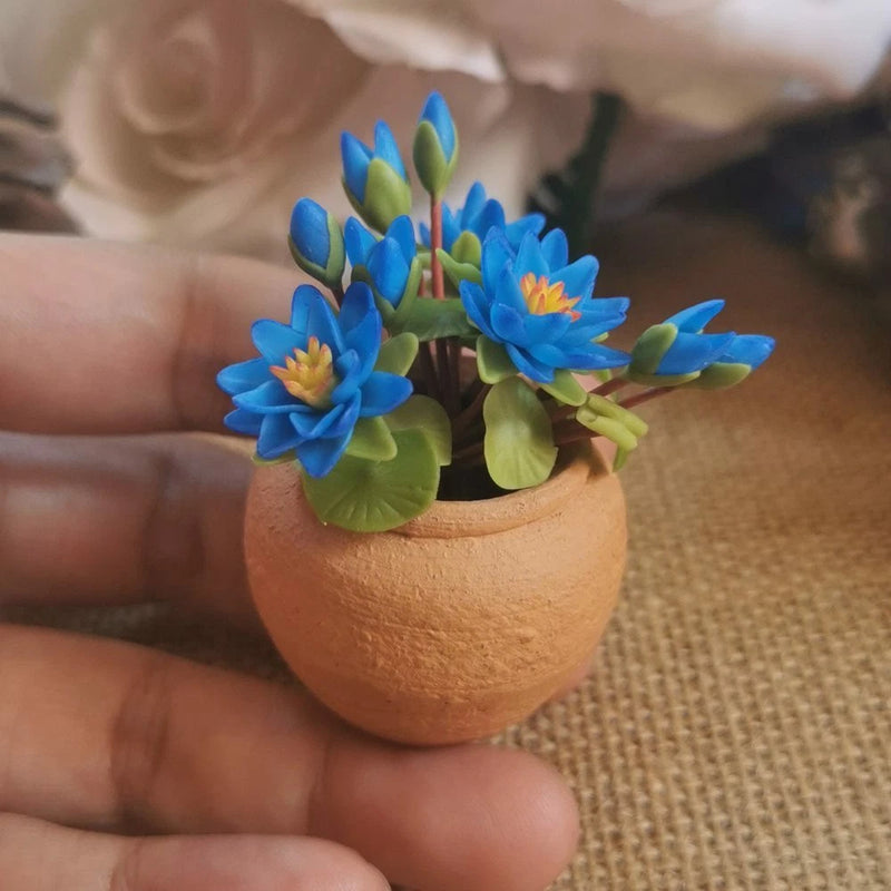 Miniature lotus flower bouquet with blue blooms in terracotta pot