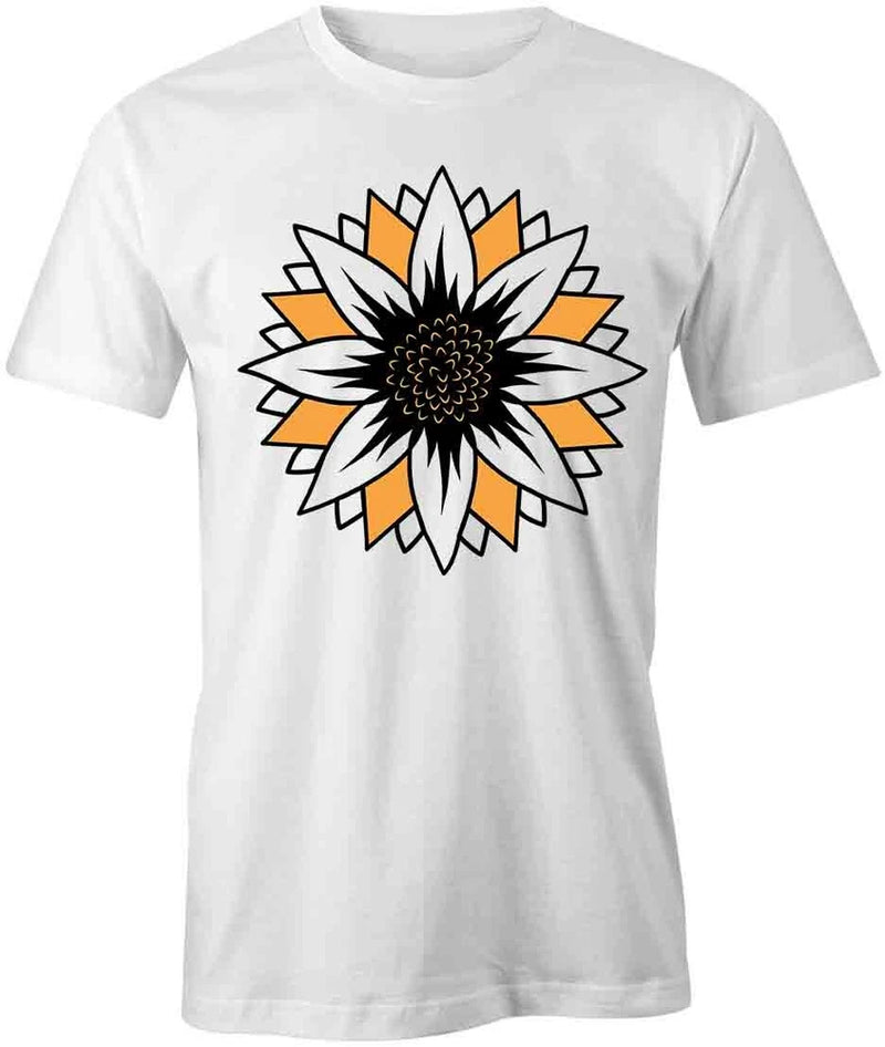 White cotton T-shirt with large sunflower floral front graphic, short sleeves