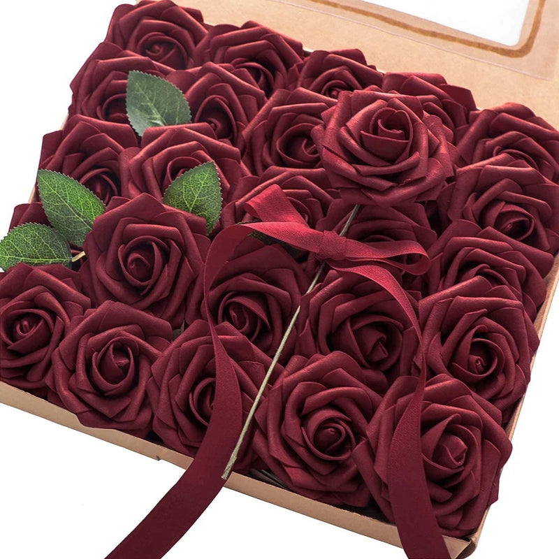 Set of burgundy foam fake roses with green leaves and stems, arranged in a gift box
