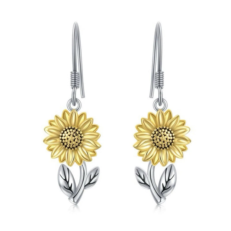 Sunflower drop earrings with gold-tone floral center and silver-tone leaves, dangle design