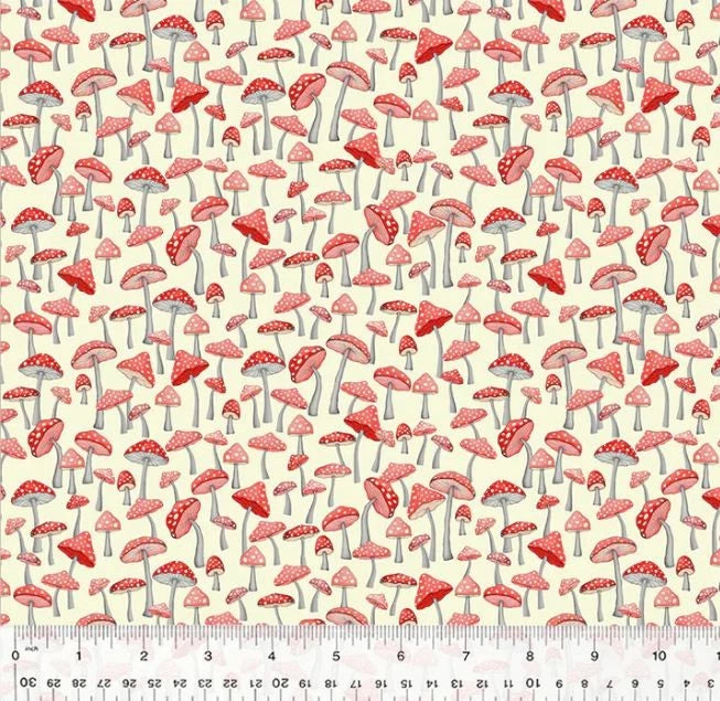 Cotton Enchanted Woods Red Mushrooms Garden Cream Fabric Print by Yard D780.21 Flowering Plants