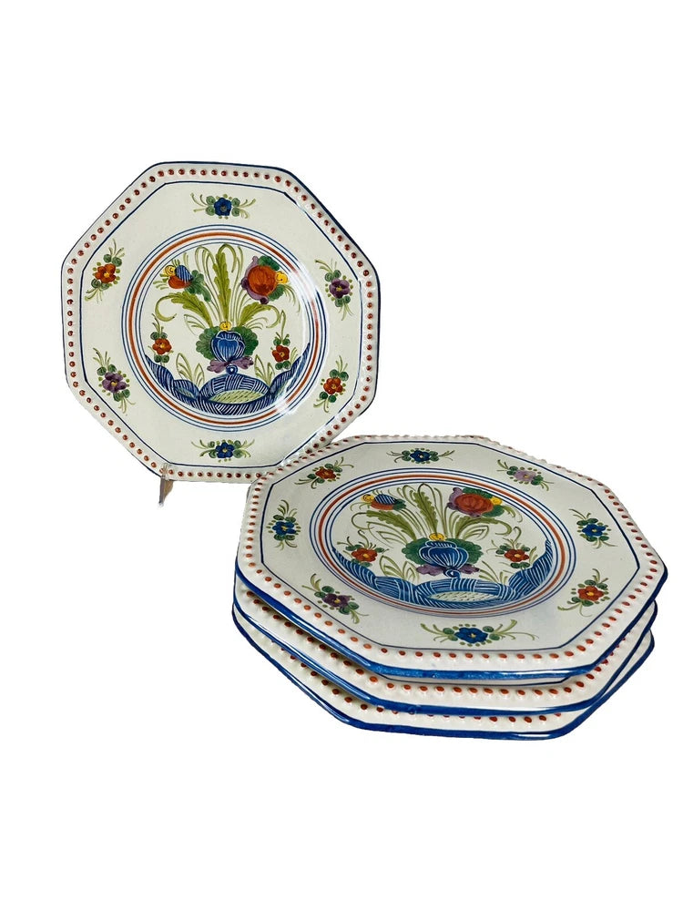 Octagon dinner plates, white with blue and red floral motif, stacked set of four