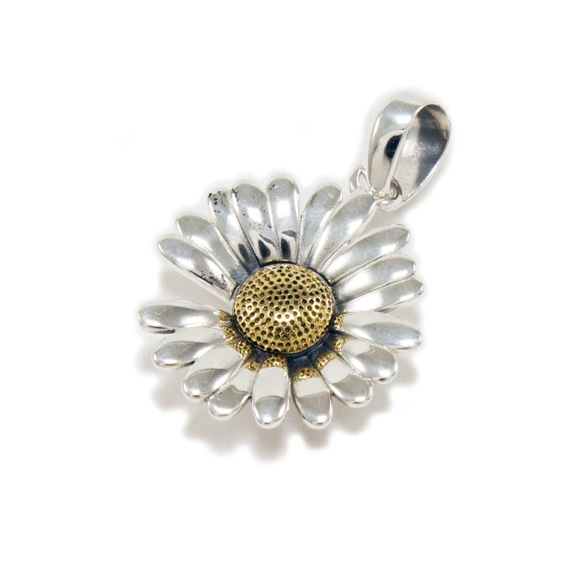 Sterling silver sunflower charm pendant with gold textured center and loop bail