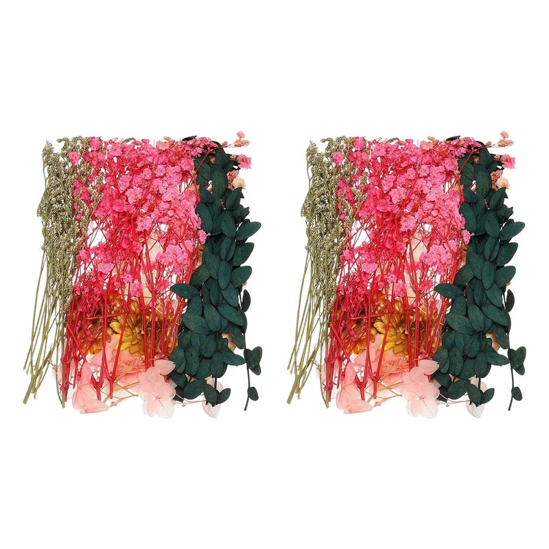 Pink dried pressed flower set with green foliage, bundled stems
