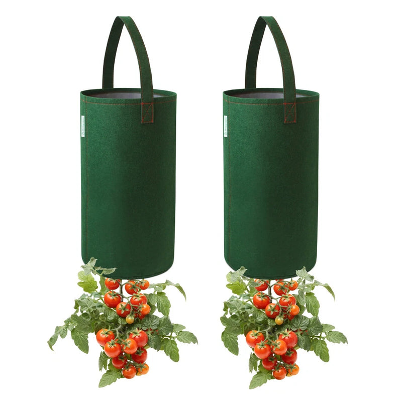 2-pack dark green upside-down tomato planter bags with handles and hanging tomato vines