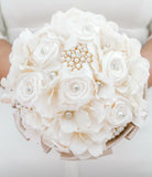 Brooch Bridal Bouquet with Ivory Hydrangea, Satin Rose, burlap, lace, and pearls Bouquet