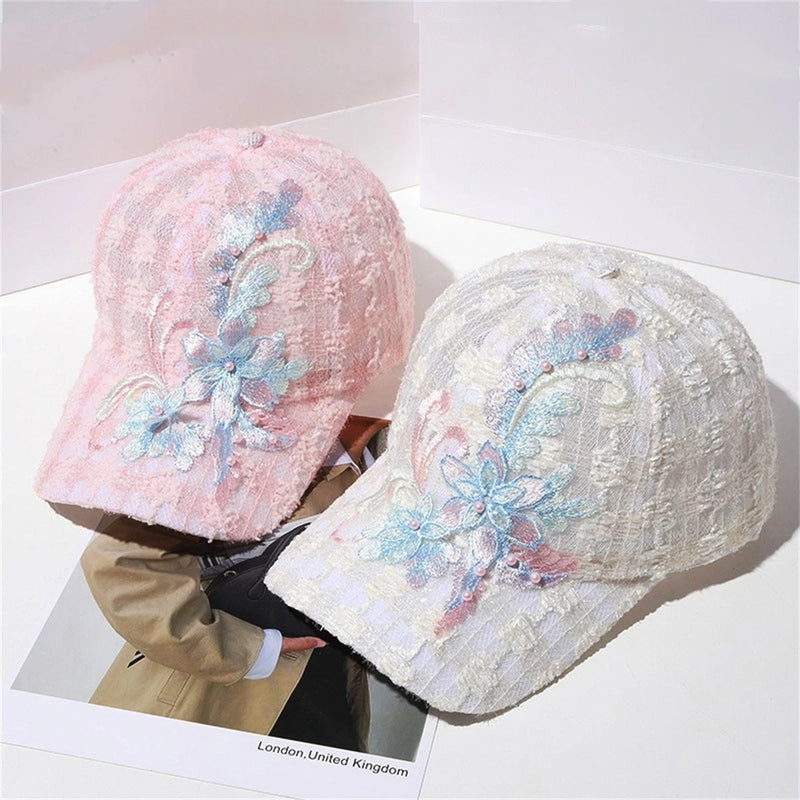 Lace mesh baseball cap set with embroidered blue flowers, pink and white