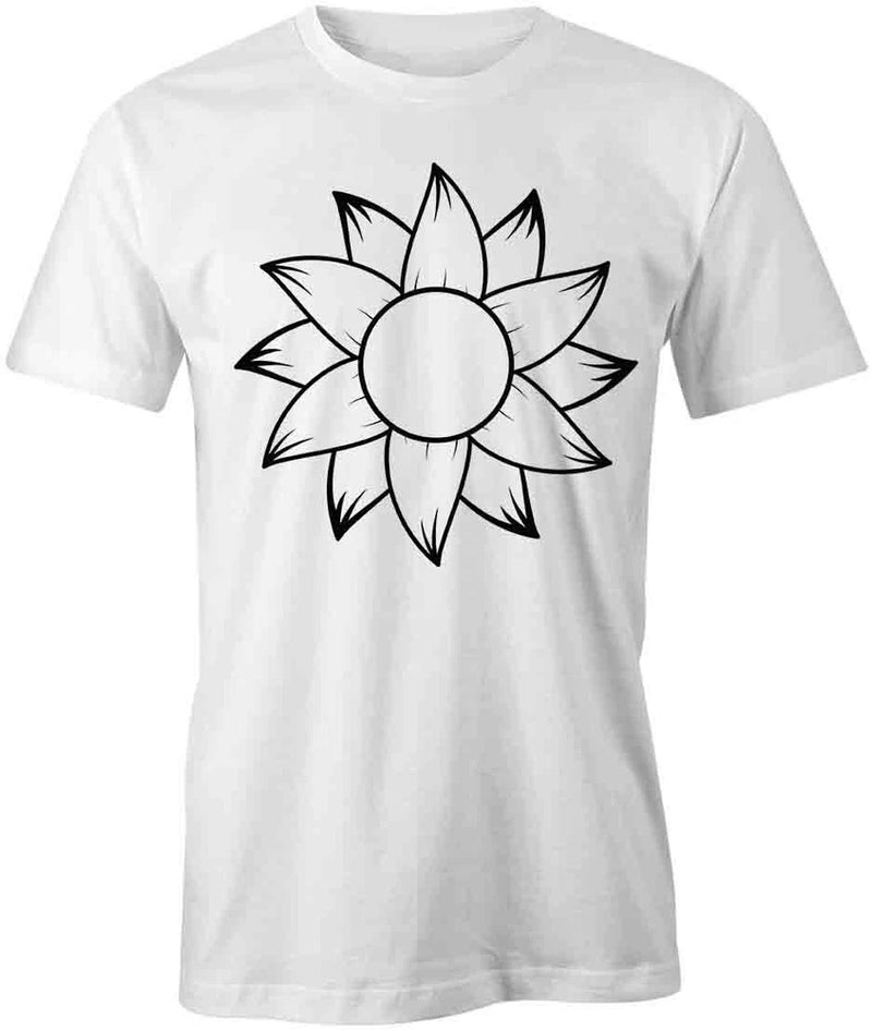White cotton T-shirt with black sunflower front graphic, short sleeves