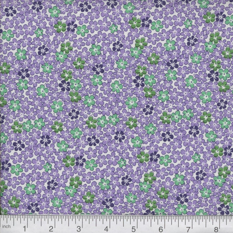 Vinca Flowers Purple & Green Calico 100% Cotton Fabric BTY Flowering Plants