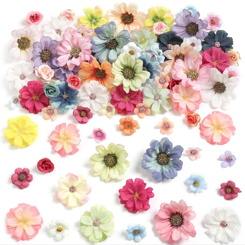 90 PCS Mini Artificial Silk Flower Heads Multicolor Peony Daisy Rose DIY Peony