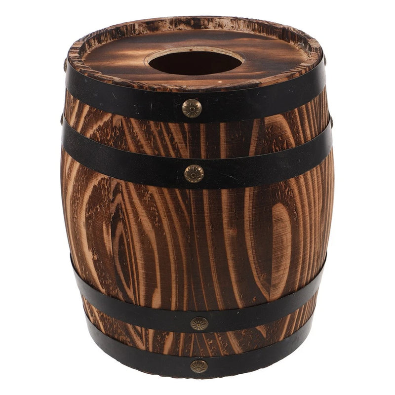 Wooden barrel-style outdoor planter pot with black straps and top opening