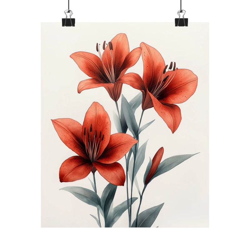 Tiger lily flower art print poster with red-orange blooms and green leaves