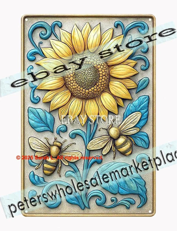 Square sunflower metal sign with blue scrollwork and floral accents, textured finish