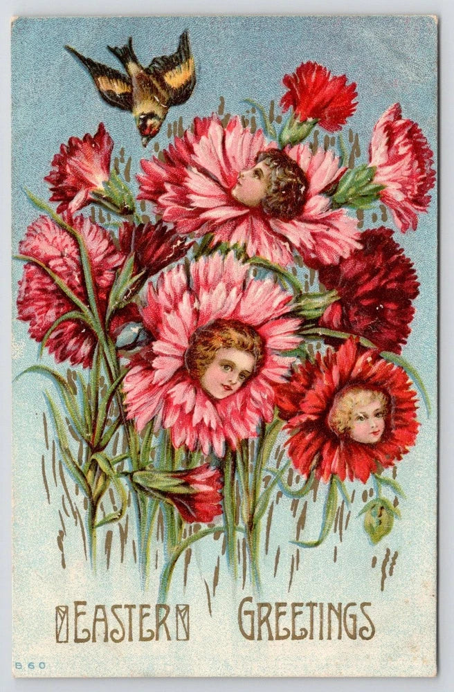 Vintage Easter postcard: carnations with cherub faces, 'EASTER GREETINGS' text.